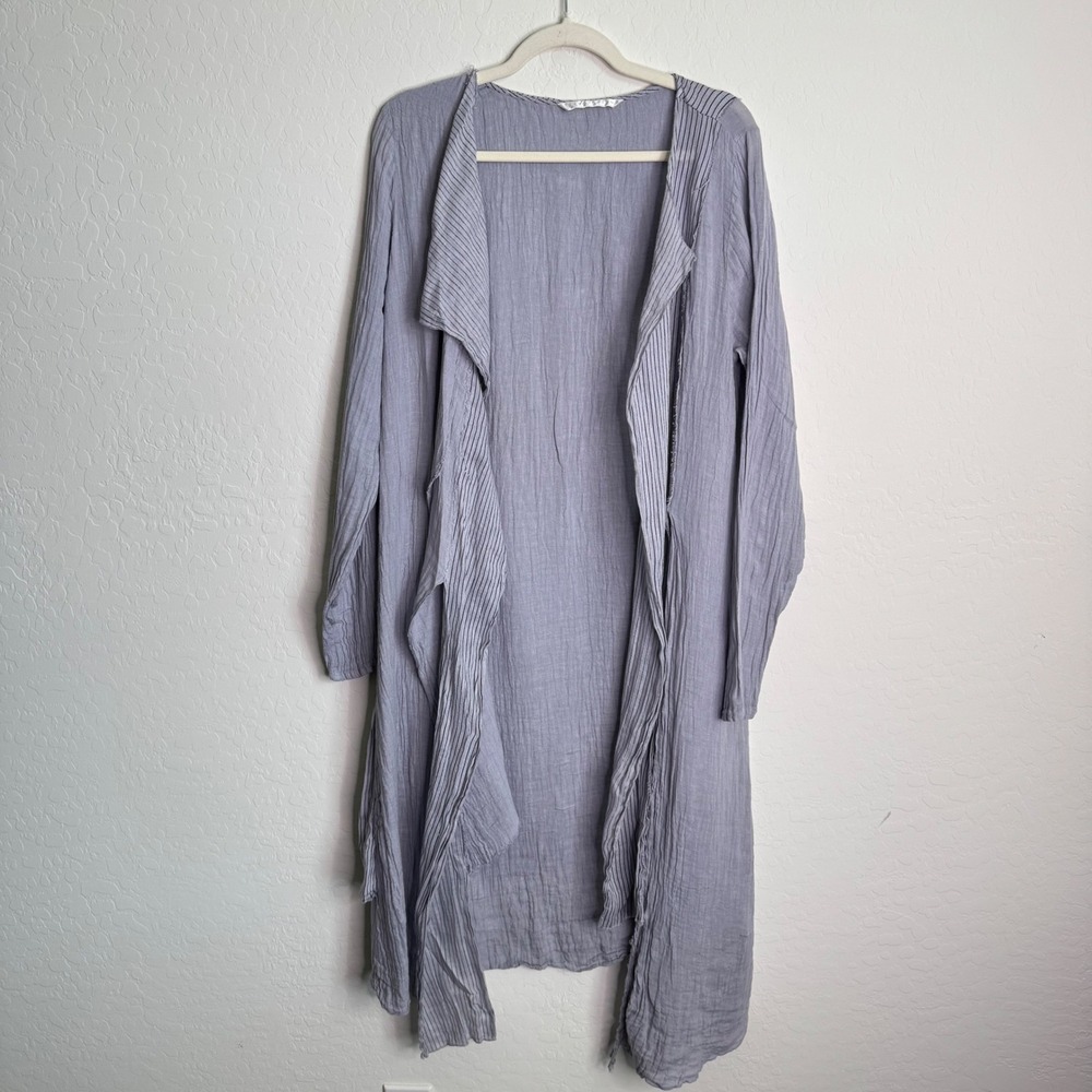 Luna Luz Womens Sz M Blue 100% Linen Longline Open Front Duster Cardigan Jacket